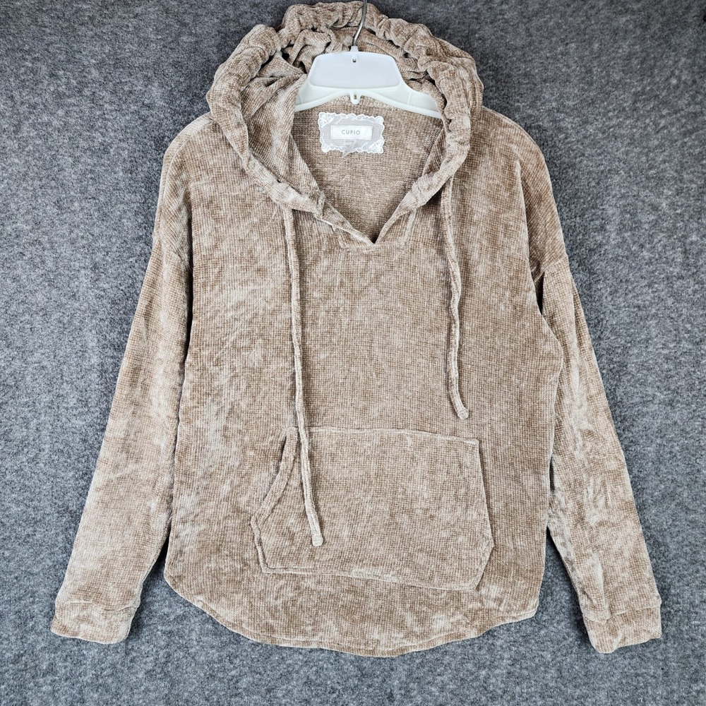 Cupio Hoodie Womens S Brown Ribbed Chenille Knit Long Sleeve V-Neck EUC